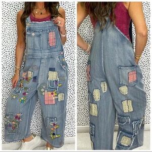 Blue Velvet Embroidered Patchwork Denim Overalls